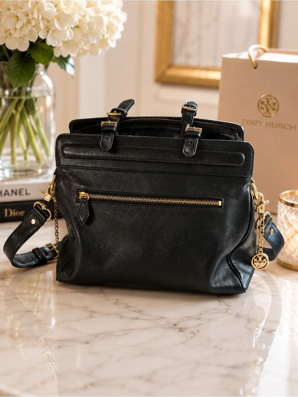 SOLD!! Tory Burch Daria Top Handle Satchel Black Leather Bag